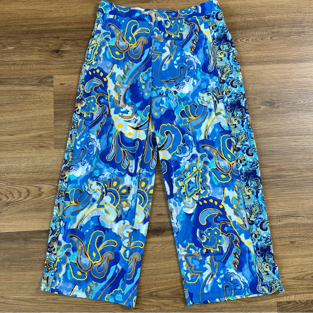 Susan Graver Pants Womens Small Wide Leg Stretch Liquid Knit Floral Crop‎ Travel